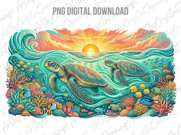 Download Sea Turtle Coral Reef Ocean Sunset PNG - Premium Resources